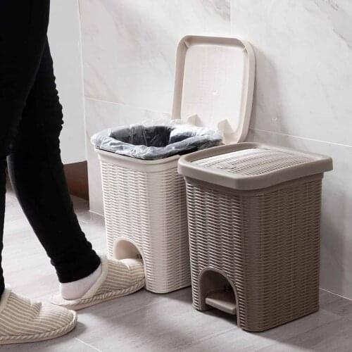 PP Rattan Trash Can Pressing Type Trash Bin Plastic Dustbin Wastebasket Kitchen Bathroom Living Room Garbage Bin Storage Can