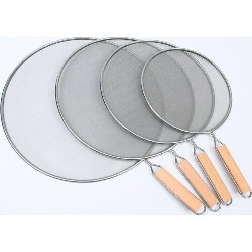 21cm/25cm/29cm/33cm Stainless Steel Splatter Screen Mesh Pot Cover Silver Oil Frying Pan Lid With Wooden Handle Cooking Tools