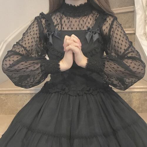 Japanese Sweet Lolita Girly Heart-shaped Lace Long Sleeve Mesh Tops Gothic Kawaii Soft Tulle Shirts Women Cute O-Neck Blouses