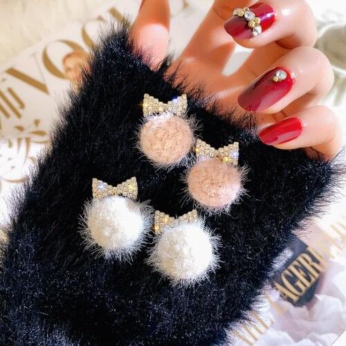 Fashion Jewelry Bow Rhinestone Dangle Earrings Sweet White Fur Ball Pendients Earrings for Women Jewelry Girl Party Gift