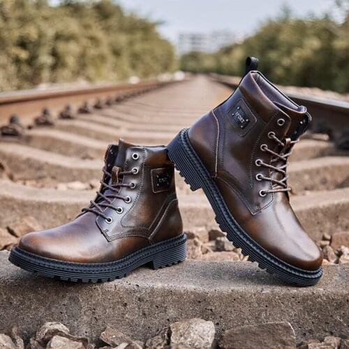 2020 High Quality Genuine Leather Mens Boots Winter Fall Snow Boots Winter Fur Waterproof Ankle Boots Outdoor Work Boots Large