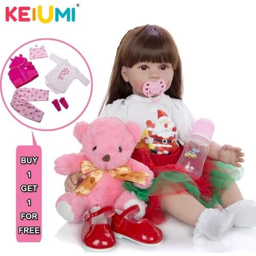 KEIUMI XMAS Silicone Vinyl Reborn Baby Dolls Menina With Long Hair Lifelike 60 cm Reborn Toddler With 2 pcs Clothes Sets