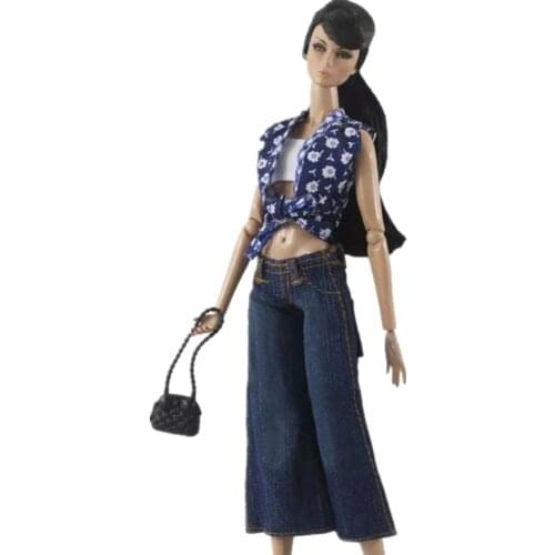 11.5" Doll Clothes Blue Floral Sleeveless Shirt Tank Handbag Jeans Trousers for Barbie Clothes Set 1/6 BJD Dolls Accessories Toy