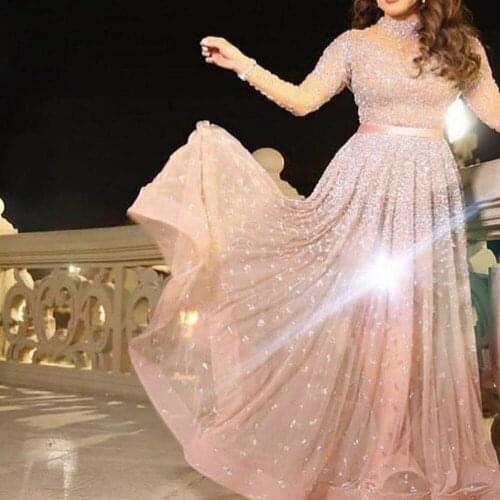 Crystal prom dresses 2020 long sleeve beading sequins a line tulle evening dresses arabic party dress