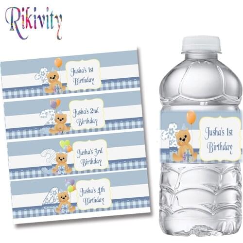 Rikivity Personalized Bear Blue Boy Birthday Water Bottle Wine Champagne Labels Candy Bar Wrapper Sticker Baby Shower Decoration