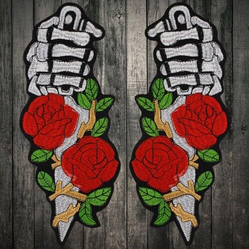 Hand holding a knife Rose Embroidery Biker Back Patch Iron on for Clothes Motorcycle Jackets Large Badges Cool Punk Applique