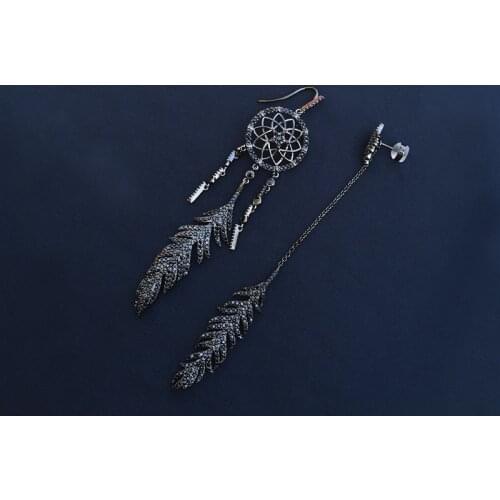 S925 sterling silver new asymmetric mysterious black dream catcher earrings female personality feather long earrings