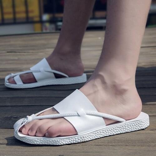 Genuine leather Slippers Men Outdoor summer Breathable Beach Shoes Flip Flops Fashion Shoes Slides black white Man Flat Sandals