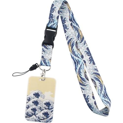 ER574 Waves Painting Art Buckle Lanyard Credit Card ID Holder Bag Student Travel Bank Bus Business Card Cover Badge Lanyard