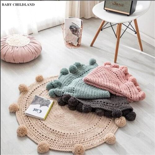Knitted Blanket Nordic Round Pompom Carpets Rug Kids Baby Room Decoration Handmade Anti-Slip Bedroom Floor Mat Baby Play Mat