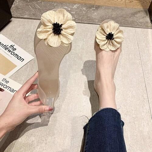 Jelly Shoes Transparent PVC Flowers Women Sandals Female Ladies Flat Mules 2021 Summer Breathable Peep Toe Sweet Beach Shoes New