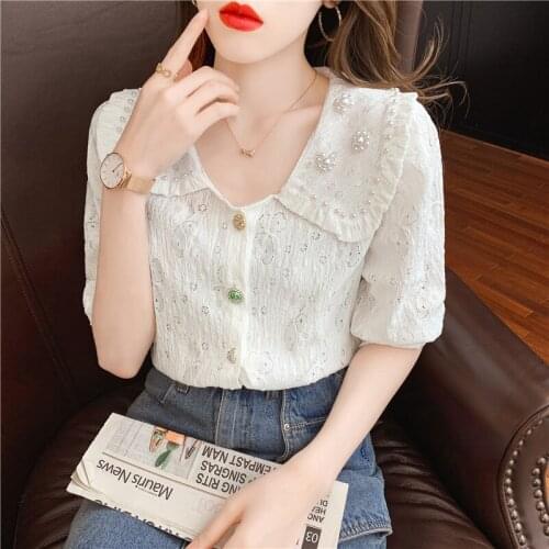 Women Shirt White 2021 Summer New Design Feeling Princess Pearl Peter Pan Collar Wind Hubble-Bubble Short Sleeve Chic Breasted