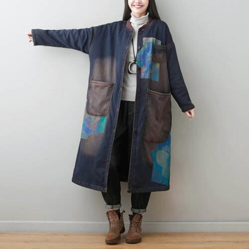 Thicken Warm cowboy Windbreaker Women Winter Fleece Denim Trench Vintage Long O-neck Coat Baggy Slingle Breasted jean Overcoat