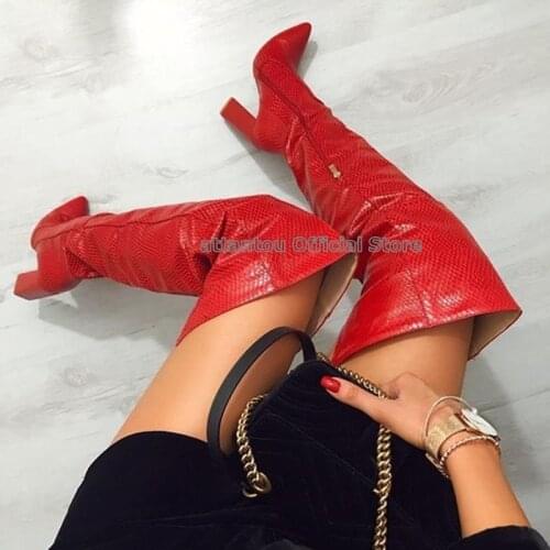 Red Python Printed Pattern Thigh High Heel Boots Woman Chunky Heeled Loose Calf Over The Knee Pointed Toe Long Boots