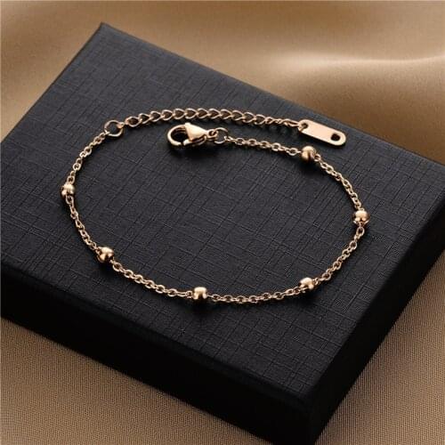 Korean Style Fashion Simple Beaded Chain Stainless Steel Bracelets For Women Elegant Ladies Rose Gold Charm Bracelet Jewelry