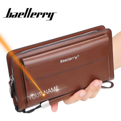 Free Customized Men Clutch Wallets Name Engraving Large Capacity Phone Pocket Double Zipper Men Clutch Bag Fashion Male Wallet