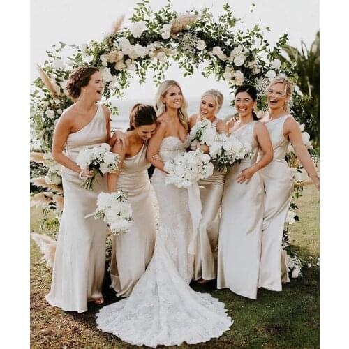 Long One Shoulder Stretchy Satin Bridesmaid Dresses Mermaid Pleated Floor Length Zipper Back Robes de Soirée for Women