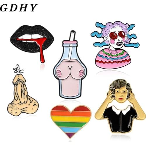 GDHY Sexy Rainbow Heart Genital Pink Milk Bottle Breast Black lips Lesbian Gay Brooch Enamel pins For Woman Brosch Badge Jewelry