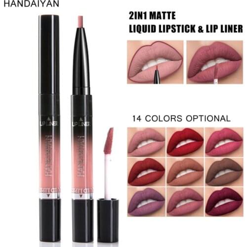 HANDAIYAN 2 In 1 Double Head Natural Waterproof Lip Gloss Lip Liner Pencil Moisturizing Lasting Pigment Lip Liner Pen TSLM2