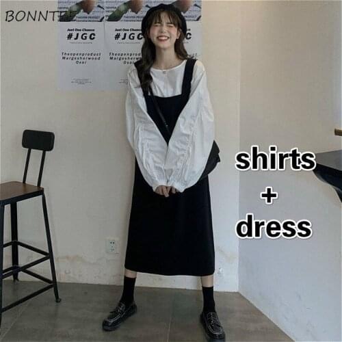 Two Piece Sets Women Simple New Chic Fall Uzzang Black Vestidos All-match Popular Puff Sleeve Tops Casual Preppy Girls Outfits