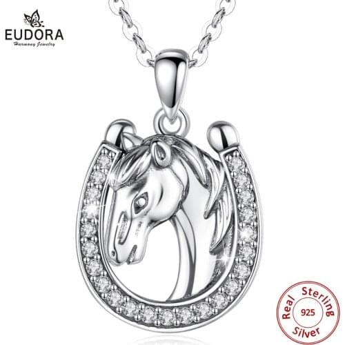 Eudora 925 Sterling Silver unicorn & horseshoe Pendant vintage horse Necklace with Pure CZ Equestrian Jewelry Animal Series D565