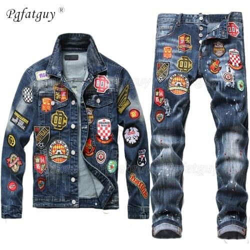 New Personality Badge Jacket Jeans 2 Piece Set Mens Retro Ripped Slim Denim Jacket + Hole Multi-badge Stretch Jeans 2pcs Sets