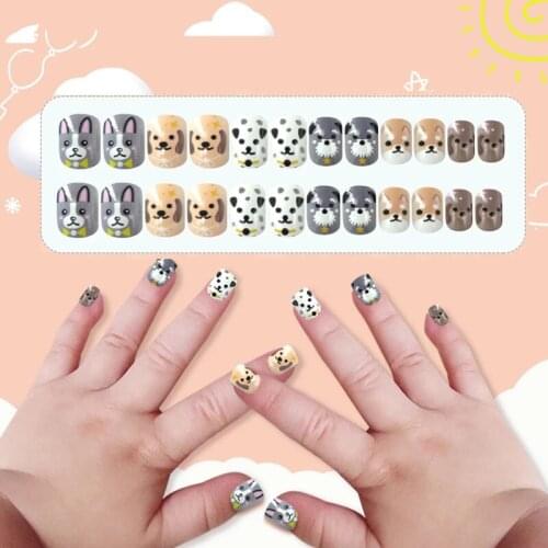 24Pcs/box Kids Fake Nails Dog and Cat Designs Press Glue Cute Cartoon Manicure Beauty French Tips Short False Nails for Children