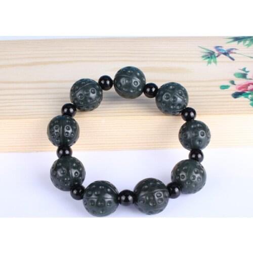 Natural Dark Green Hetian Jade Bracelet Carved Walnut With Beads Women Men Fine Bracelets Nephrite Qing Jades Jewelry