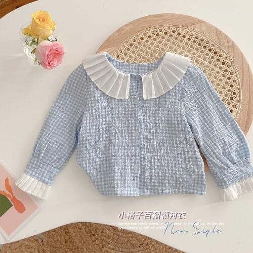 2021 autumn new girls Korean fresh foreign style Plaid Shirt middle childrens baby fashion top