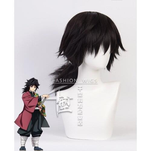Demon Slayer Tomioka Giyuu Black Wig Cosplay Costume Kimetsu no Yaiba Heat Resistant Synthetic Hair Men Women Party Wigs