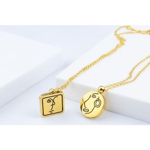 18K Gold Plated Stainless Steel Round Square Brand Pendant Necklaces Unisex Simple Stroke Pattern Signet Face Charm Necklaces