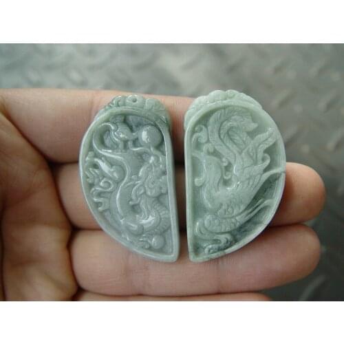 Pair Unique Natural Grade A Jade Jadeite Pendant Chinese Dragon Phoenix AAA