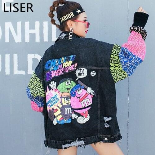 2021 Autumn Winter New Street Cartoon Sequins Broken Holes Stitching Knitted Sleeves Loose Denim Jacket Women Black Blue LL302