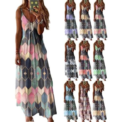 2021 New Womens Summer Casual Loose Geometric Printing Sling Skirt Plus Size Vest Beach Ladies Long Dresses