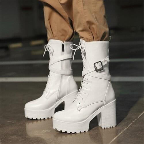 PXELENA Punk Rock Gothic Combat Boots Women 2020 Buckle Lace Up Block Chunky High Heels Riding Knight Motorcycle Biker Boots 43