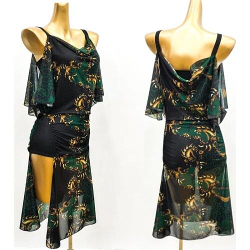 2020 Latin Dance Dress Adult Practice Clothes Women Party Prom Show Costume Tango Ballroom Dance Performance Green Dress VDB2031