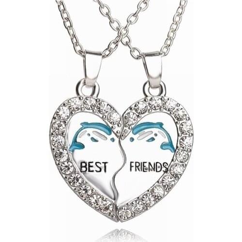 2Pcs/Set Best Friends Blue Dolphin Rhinestone Heart Shape Pendants Necklace Choker Women Chain Friendship Jewelry Accessories