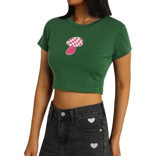 2021 Women Casual Short Sleeve T-shirt Fashion Tai Chi/Mushroom Embroidery Exposed Navel Tops for Daily Wear Street Vacation