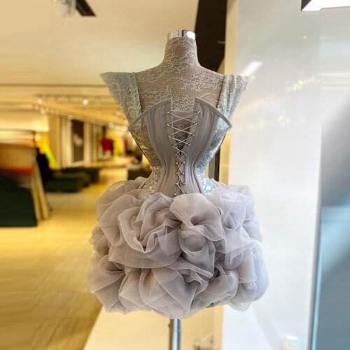 2021 Corest Short Prom Dresses Lace High Neck See Thru Sexy Puffy Tulle Pageant Gowns Lace-up Custom Made Party Dress