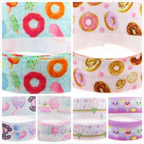 5/8"16mm Doughnut Patterns Cotton Candies Printed Fold Over Elastic Ribbon DIY Gift Packing Stuffs Party Decor 50Yards/Roll