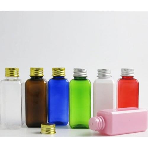50 x 60ml Portable Plastic Perfume Bottle 60cc Square Shoulder Bottle Black White Clear Aluminum Cap Cute Cosmetic Container