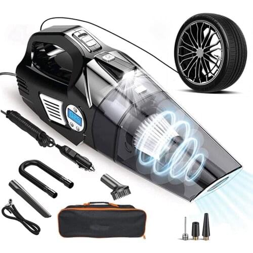 Car Vacuum Cleaner 4-In-1 Tire Inflator With Digital Tire Pressure Gauge Led Light 12V 150W Handheld Wet/Dry Car Hoover
