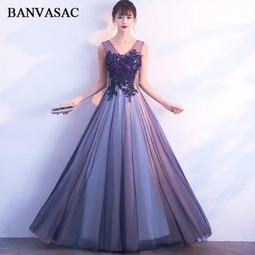 BANVASAC 2018 Crystal V Neck A Line Lace Appliques Long Evening Dresses Elegant Tulle Backless Party Prom Gowns