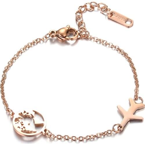 316L Stainless Steel Rose Gold Round The World Airplane Map Bracelet Simple Temperament Versatile Titanium Steel Bracelet