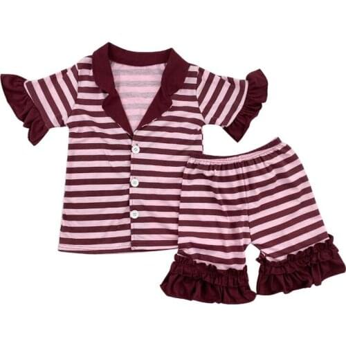 Girls boutique cotton nighty cranberry striped solid ruffle pajamas kids girl set20