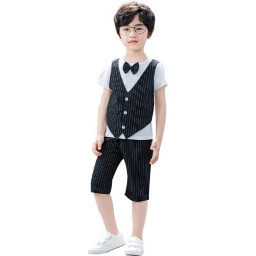 Kids Summer Fake Vest Shirt+Short +Bowtie Suit Boys Girls School Performance Dress Children Graduation Clothing Set