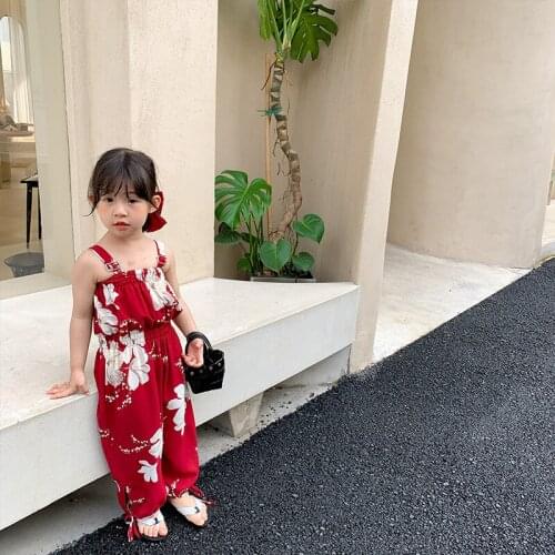 Girls Korean Flower Jumpsuit 2021 Summer New Baby Fake Two-piece Suspenders Loose Casual Wide-leg Pants Toddler Trousers 2-7Y