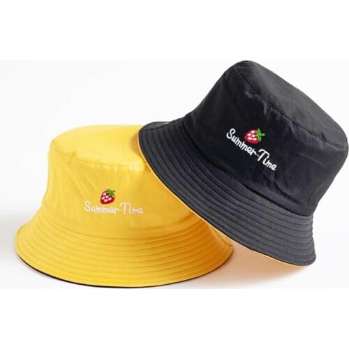 Doitbest Spring women Bucket fishing Hats Sunscreen sun cap Strawberry smiley embroidery Double-sided wear lady fisherman hat