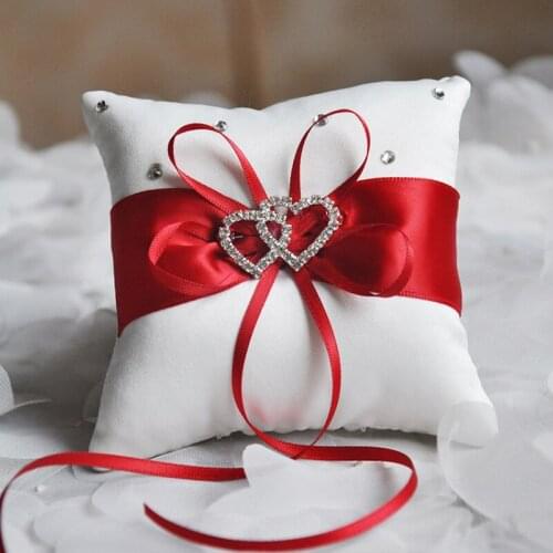 Double Heart Rhinestone Ring Pillow with Satin Ribbon Ring Cushion Bridal Wedding Ring Pillow Double Heart Ribbon Cushion Decor