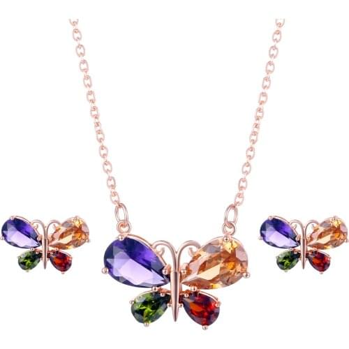 Crystal Zircon Four Color Wing Butterfly Necklace Earrings jewellery Sets for Women Luxury Gift Bridal Wedding Party Jewelry Set